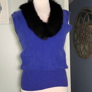 Elegant Royal Blue Sweater with Black Fur Collar
